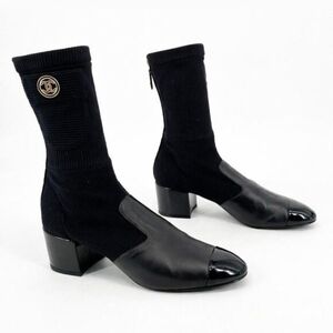 Chanel 2022 Black Knit 8 Logo Patent Cap Toe Mid Heel Sock Booties EU 37.5